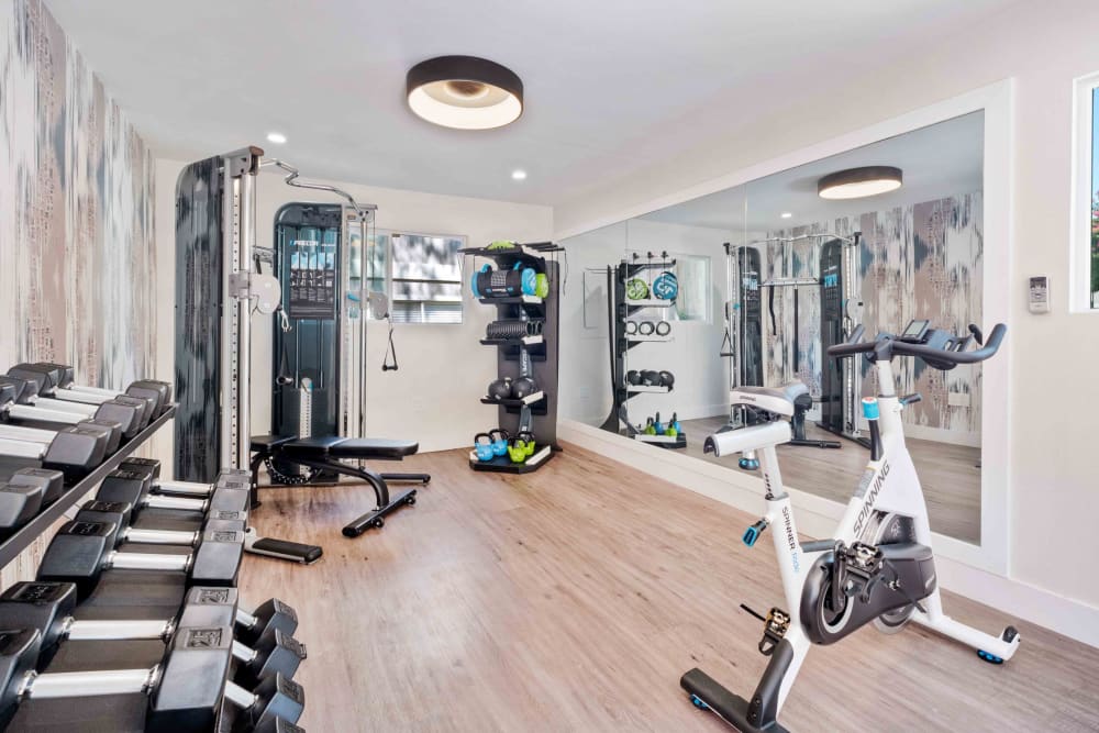 Fitness center with free weights, a cable machine, and a stationary bike at Haven Martinez in Martinez, California