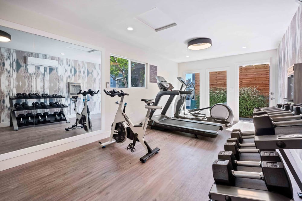 Fitness center with cardio machines next to a large window at Haven Martinez in Martinez, California