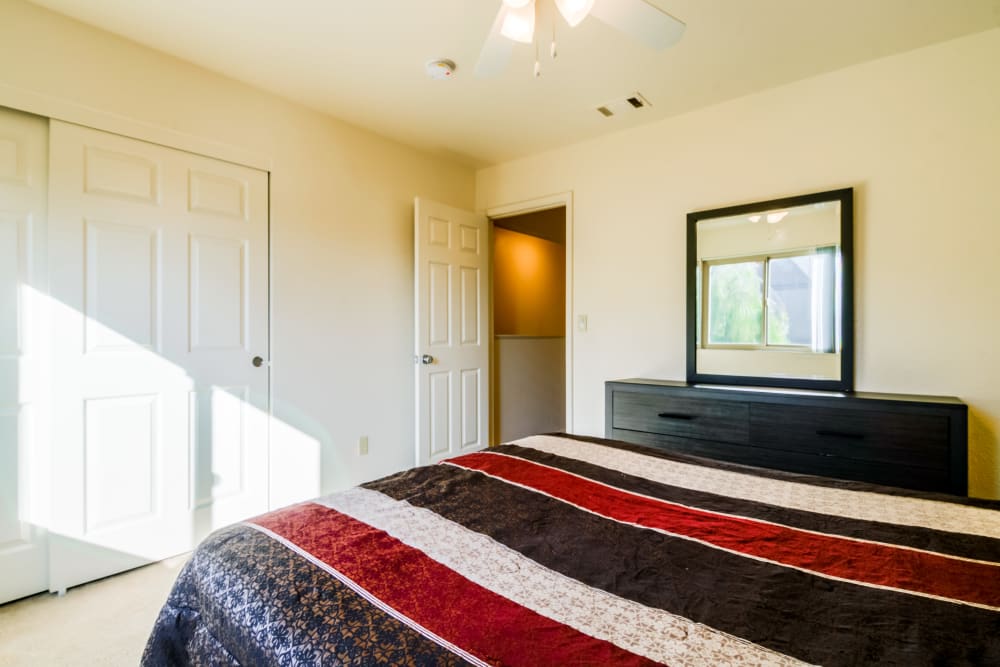 A well-lit main bedroom at Serra Mesa in Oceanside, California