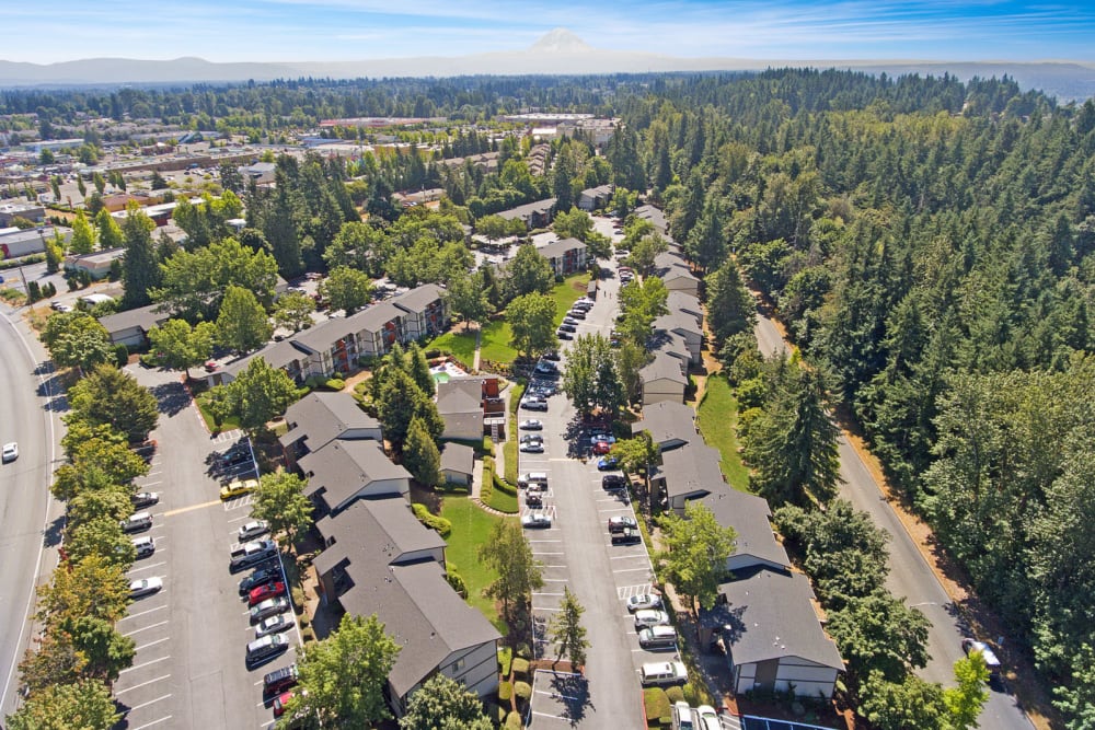 Aerial view of our lushly landscaped community at Haven Apartment Homes in Kent, Washington