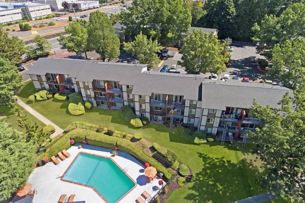 Low aerial view of the mature trees and lush landscaping throughout the community at Haven Apartment Homes in Kent, Washington