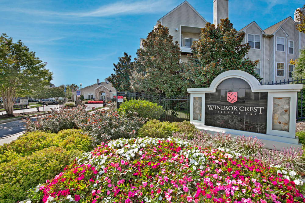 Monument sign surrounded by flowers at Windsor Commons Apartments in Baltimore, Maryland