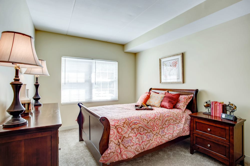 Bedroom in a senior apartment at Hanover Place in Tinley Park, Illinois