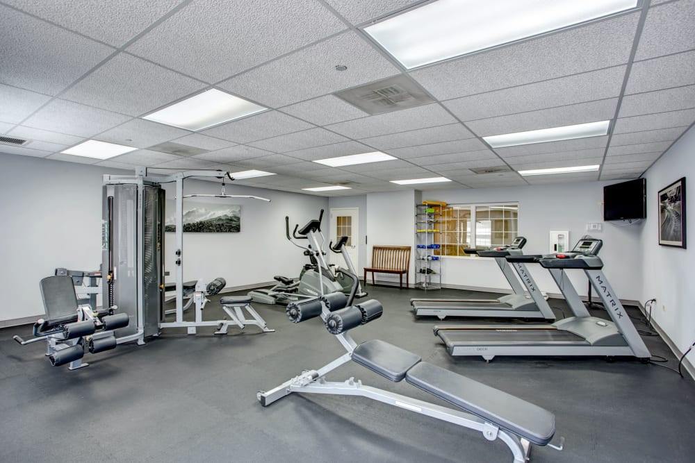 On-site gym with various pieces of equipment at Hanover Place in Tinley Park, Illinois