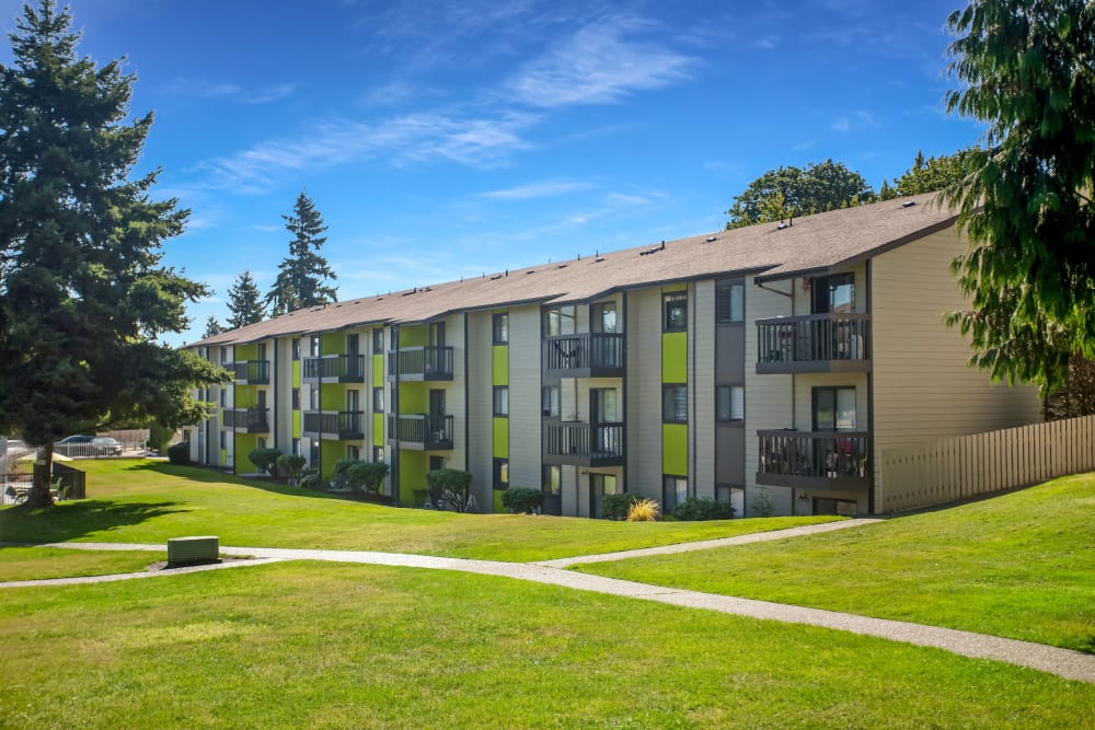 Private balcony overlooking grounds at Terra Apartment Homes in Federal Way, Washington