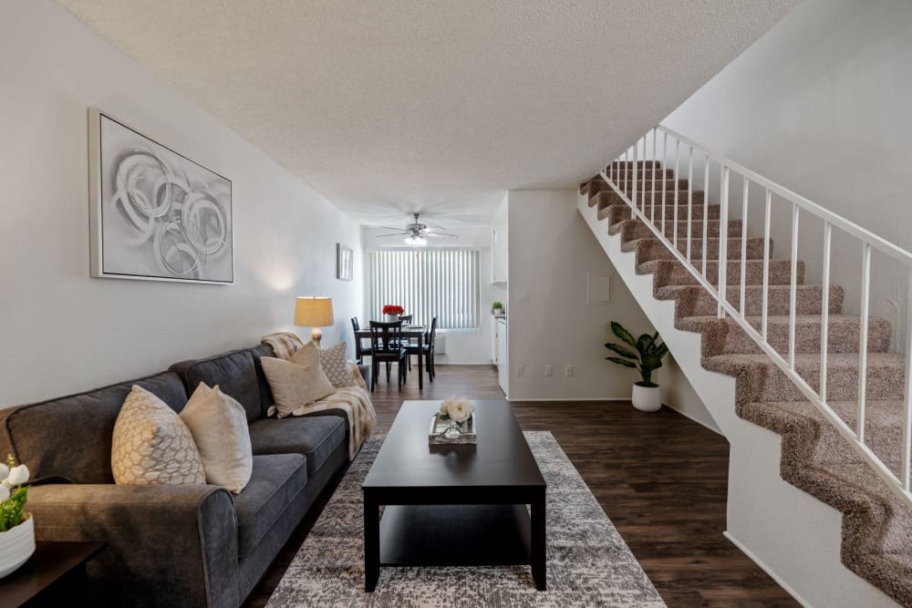 Living are with staircase to second floor at The Esplanade in Lake Balboa, CA