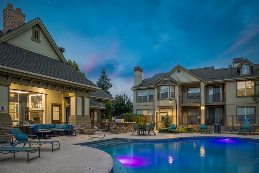 Clubhouse view from the pool during sunset at Marquis at Town Centre in Broomfield, Colorado