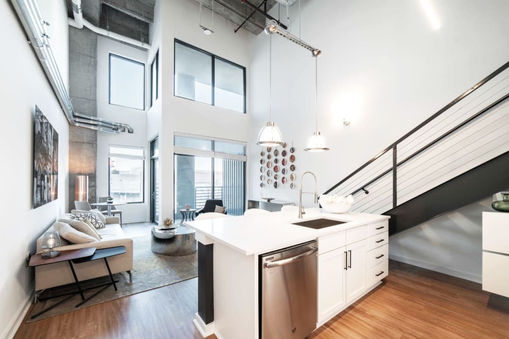 Quartz countertops in a model loft apartment's kitchen at 17th Street Lofts in Atlanta, Georgia