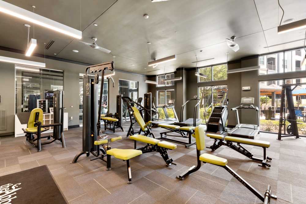 Modern fitness equipment at The Abbey at Northpoint in Spring, Texas