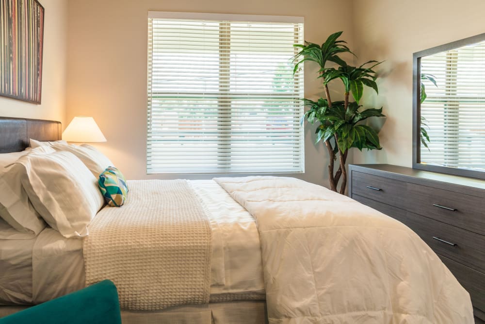 Model home's primary bedroom at Capitol Flats in Santa Fe, New Mexico