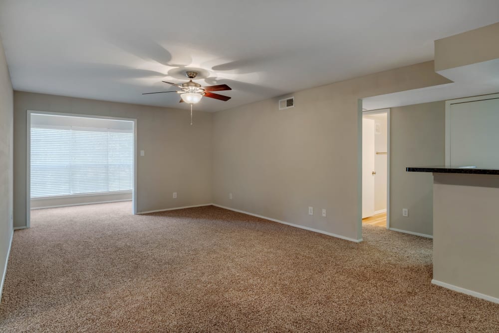 Living room with plush carpeting and ceiling fan opening into a sunroom at Foundations at Edgewater in Sugar Land, Texas