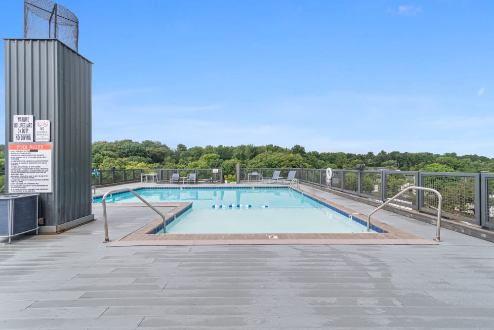 A luxury rooftop swimming pool with a view at Goldelm at 414 Flats in Knoxville, Tennessee