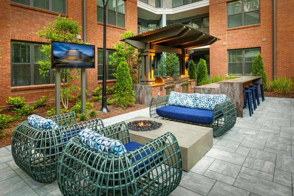 Outdoor lounge with a firepit at Revel Ballpark in Atlanta, Georgia