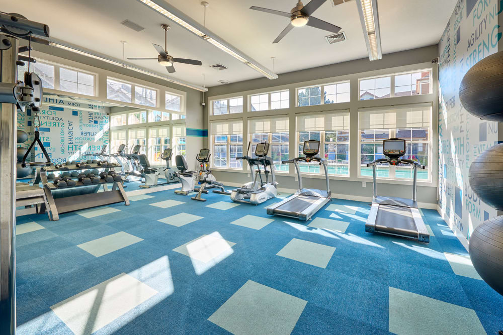 Clean, modern community gym at Crestone Apartments in Aurora, Colorado