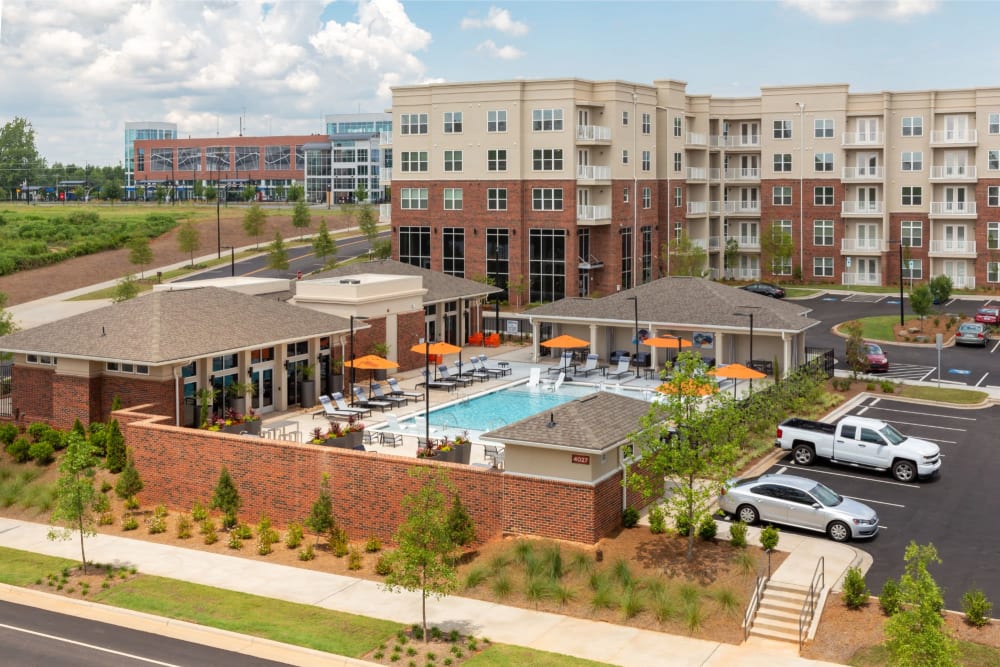 View of the entire property including the resort style swimming pool at 8 Metro Station in Charlotte, North Carolina