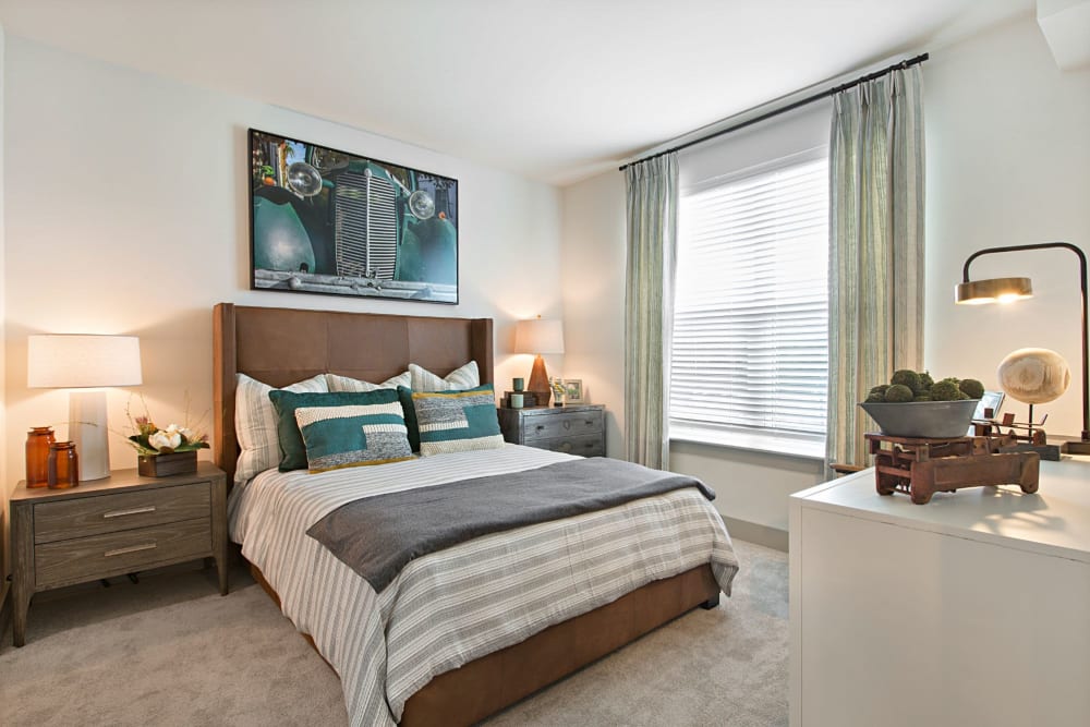 Well lit bedroom with carpet and huge windows at 8 Metro Station in Charlotte, North Carolina