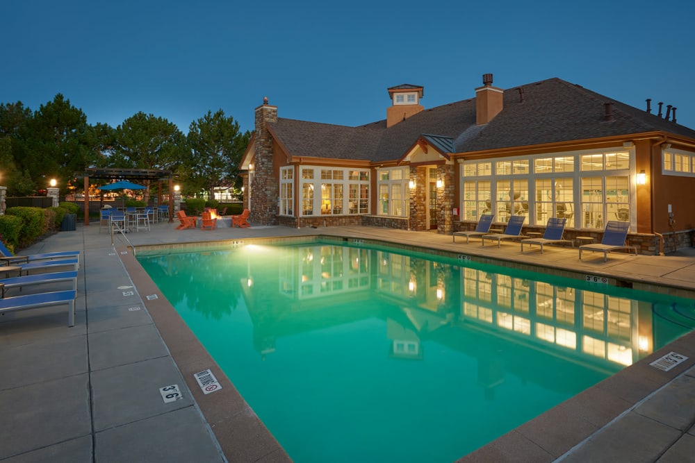 The large community pool at Crestone Apartments in Aurora, Colorado