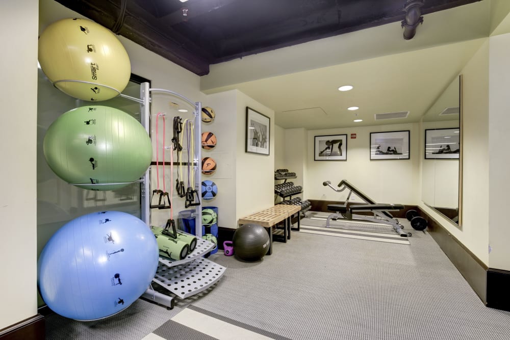Resident fitness area with lots of equipment to get a good workout in at 1630 R St NW in Washington, District of Columbia