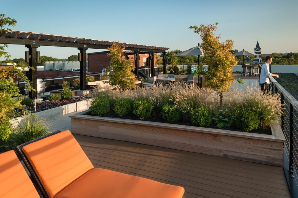 Amazing rooftop lounge area with cute garden boxes all around at 700 Constitution in Washington, District of Columbia