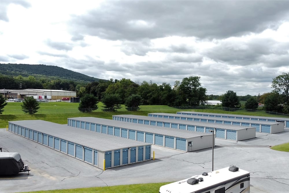 Outdoor storage units at Storage World in Womelsdorf, Pennsylvania