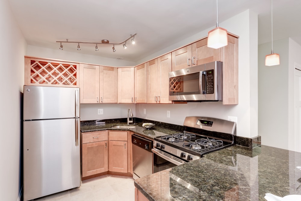 Large kitchen with tons of counter space and a stainless steel fridge at Bristol House in Washington, District of Columbia