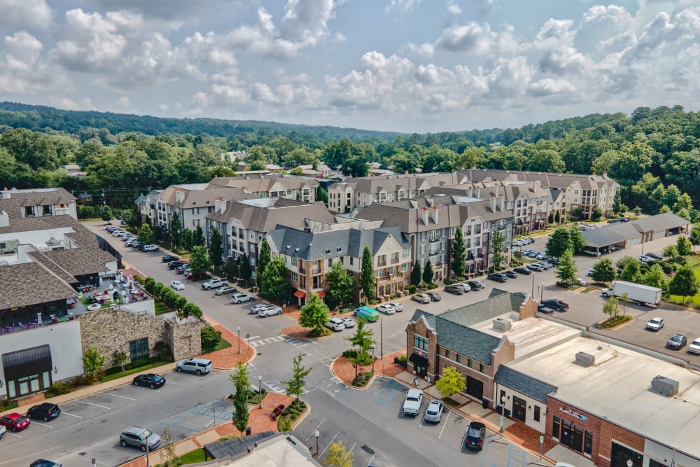 Aerial view of the neighborhood at Lane Parke Apartments in Mountain Brook, Alabama