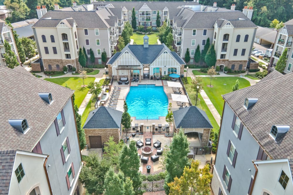 Full property aerial at Lane Parke Apartments in Mountain Brook, Alabama