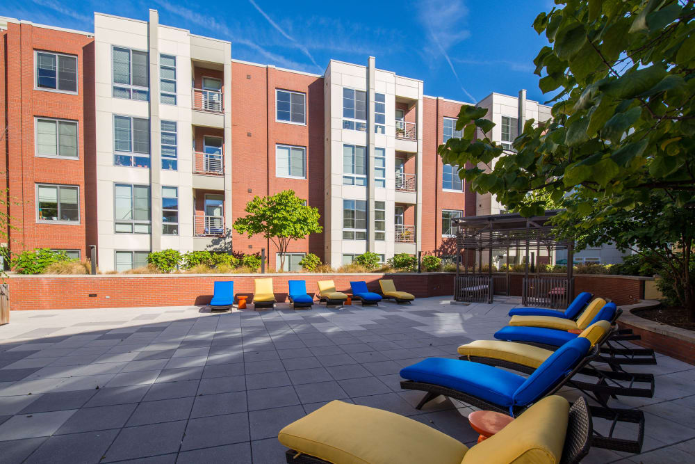 Beautiful lounge area where residents can sunbathe at Dorchester West in Washington, District of Columbia