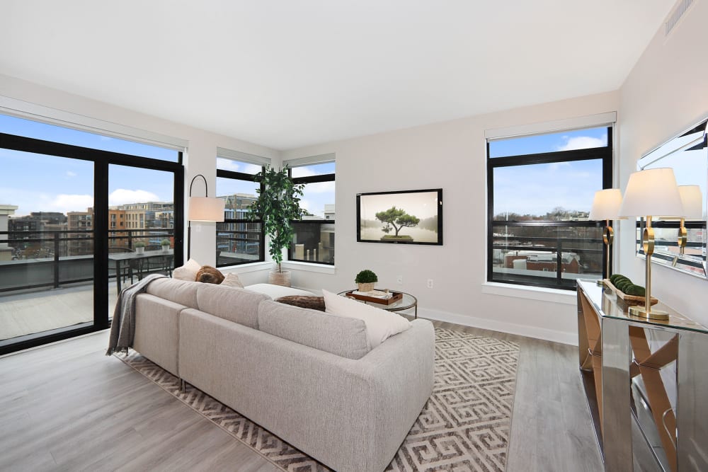 Living room with large windows and sliding glass door leading out to the private patio at Madrona Apartments in Washington, District of Columbia