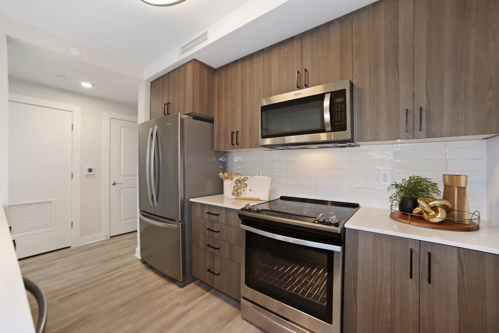 Stunning kitchen with stainless steel appliances and wood style flooring at Madrona Apartments in Washington, District of Columbia