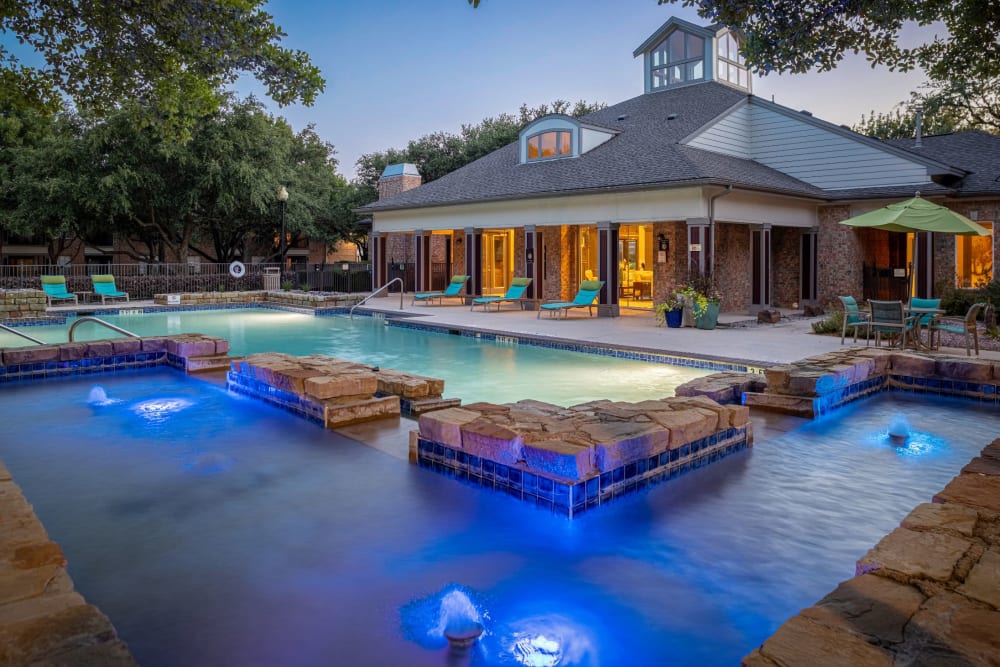 Pool with blue underwater lights at Brooks on Preston in Plano, Texas
