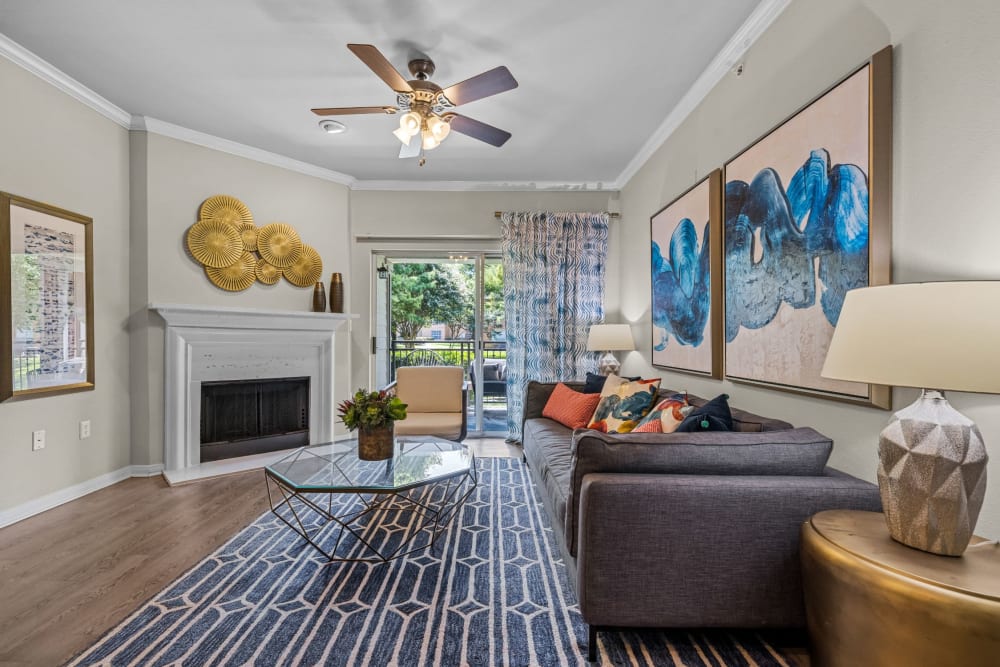 Bright living room with large windows at Brooks on Preston in Plano, Texas