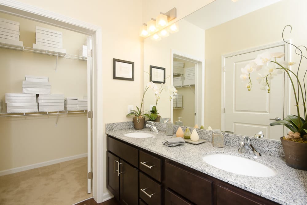 Lots of counter space in the bathroom and a large closet for storage at The Retreat at Market Square in Frederick, Maryland