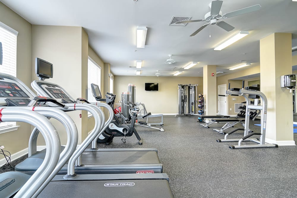 Lots of exercise machines in the resident fitness center at The Retreat at Market Square in Frederick, Maryland