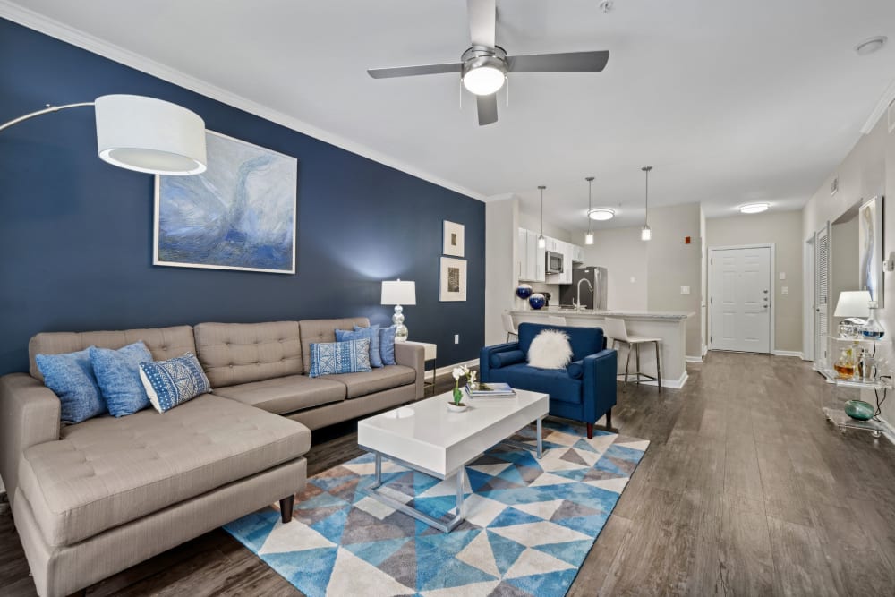 living room with wood style floors at Marq on Ponce in Atlanta, Georgia