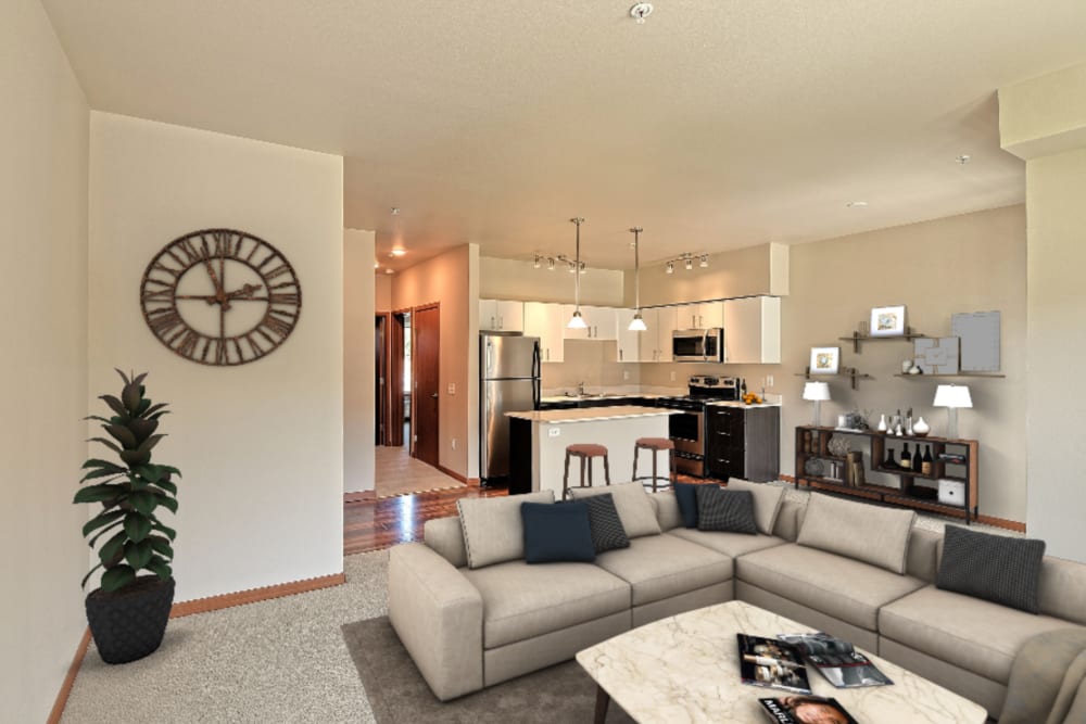 Living room and kitchen with modern appliances at Deer Haven in Wenatchee, Washington