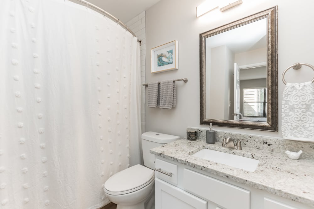 Bright bathroom with granite counter at Eagle Rock Apartments at Columbia in Columbia, Maryland