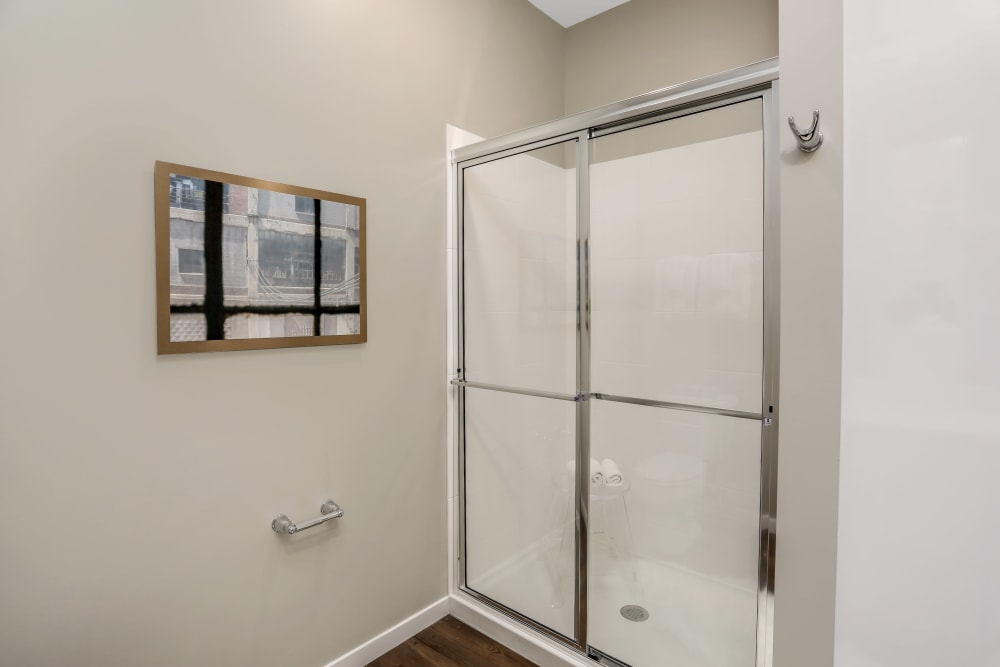 Model bathroom with shower at Town Court in West Bloomfield, Michigan