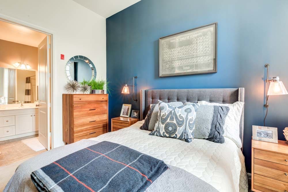 bedroom with an accent wall at Bradlee Danvers in Danvers, Massachusetts