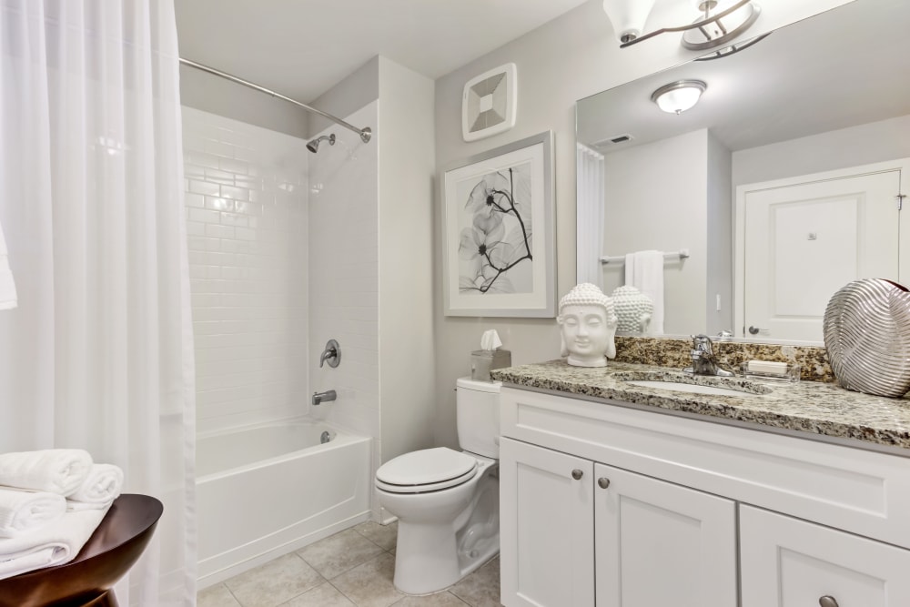 White model bathroom with granite countertops at The Oaks Of Vernon Hills in Vernon Hills, IL
