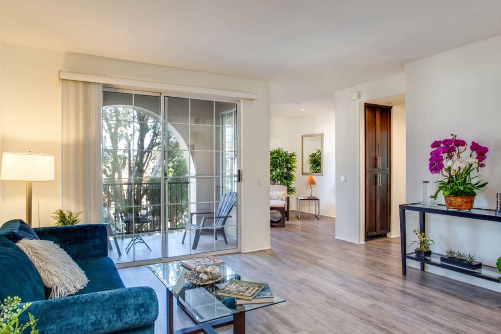 Spacious and open living room with plank flooring at L'Estancia in Studio City, California