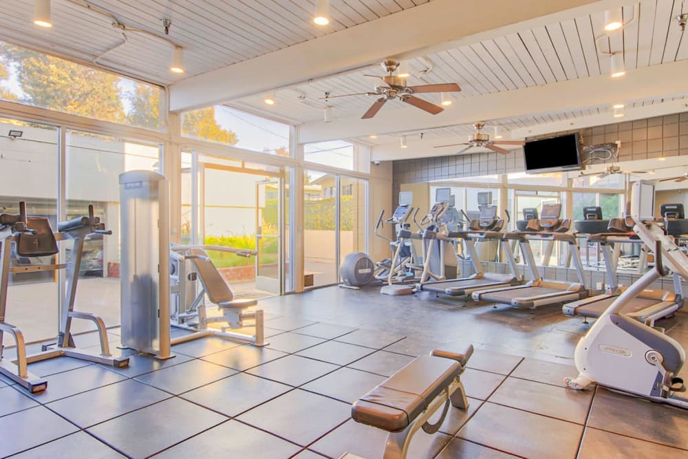 Well-equipped fitness center at Villa Vicente in Los Angeles, California