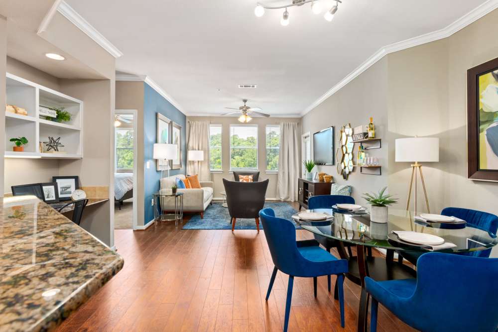 Modern living rooms at The Abbey on Lake Wyndemere in The Woodlands, Texas