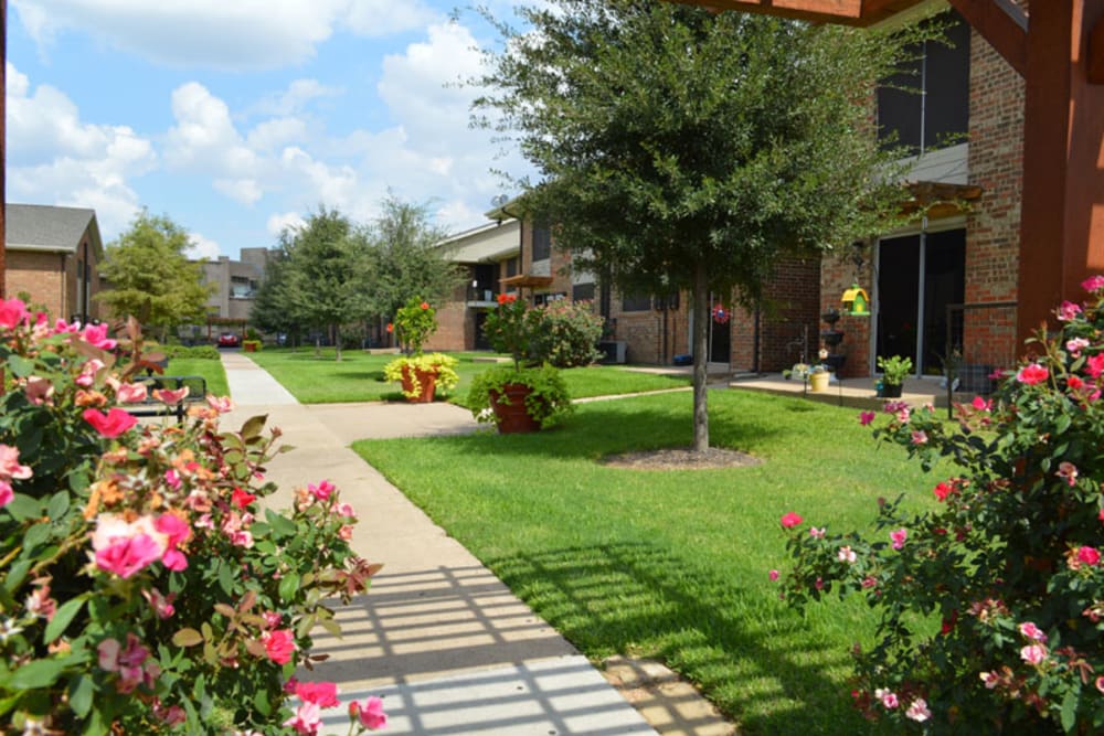 Beautifully landscaped courtyard with flowers in bloom at Parkway Villas in Grand Prairie, Texas