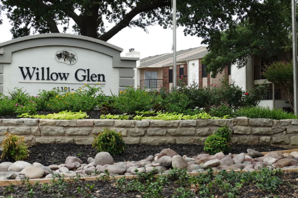 Signage at the main entrance at Willow Glen in Fort Worth, Texas