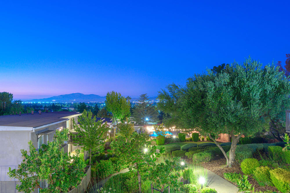 Atmospheric lighting along winding pathways throughout the community at Pleasanton Heights in Pleasanton, California