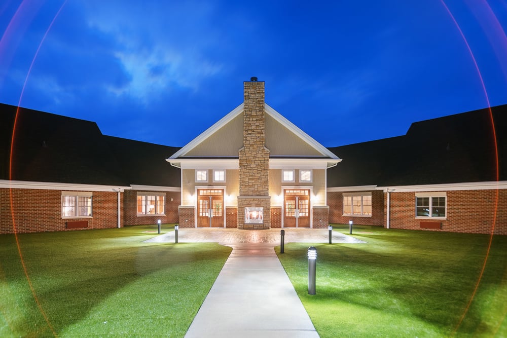 Courtyard at night at Armstrong Memory Care Assisted Living in Warren, Ohio