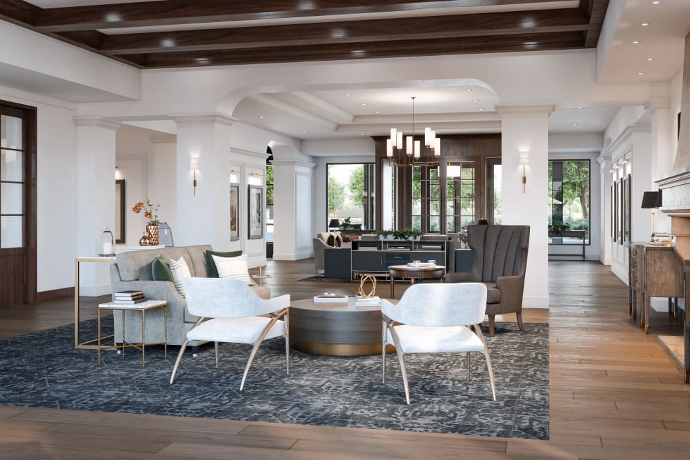 Gathering area with lots of soft seats and couches for residents and their families at Amira Minnetonka in Minnetonka, Minnesota