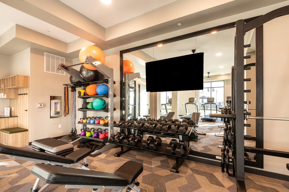 Free weights and other equipment in the fitness center at The Reserve at Patterson Place in Durham, North Carolina