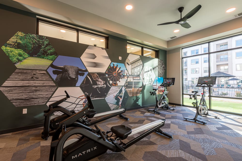 Fully-equipped fitness center with plenty of space to workout and large windows at The Reserve at Patterson Place in Durham, North Carolina
